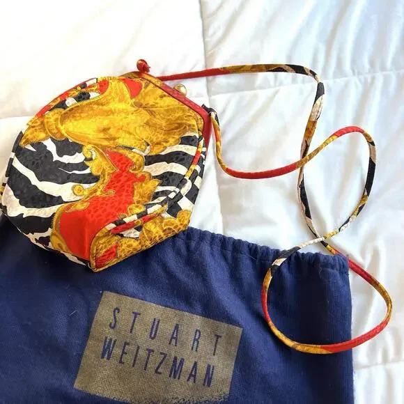 Stuart Weitzman RARE Round Crossbody Bag Silk Scarf Print Lion Zebra Vintage HTF - Picture 1 of 6